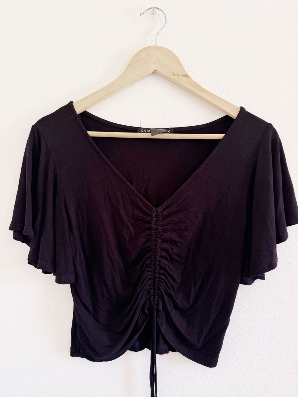 Como Black Ruched V-Neck Crop Top in Black ~Medium